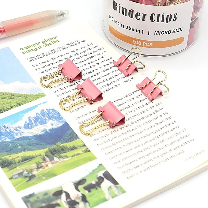 Pink Binder Clips, Gold Handles Mini Paper Clip, Small Paper Clamps 15mm (5/8 inch), 100 Pack Micro Size Office Clips for Home School and Business