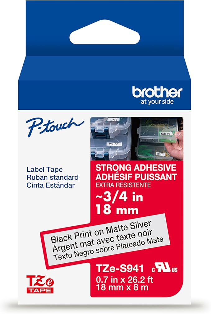 Brother Genuine P-Touch TZe Black Print on Matte Silver Label Tape (TZeS941), Strong Adhesive Laminated,3/4in x 26.2ft (18mm x 8m), for Select P-Touch Label Makers, Water-Resistant, Extra Strength