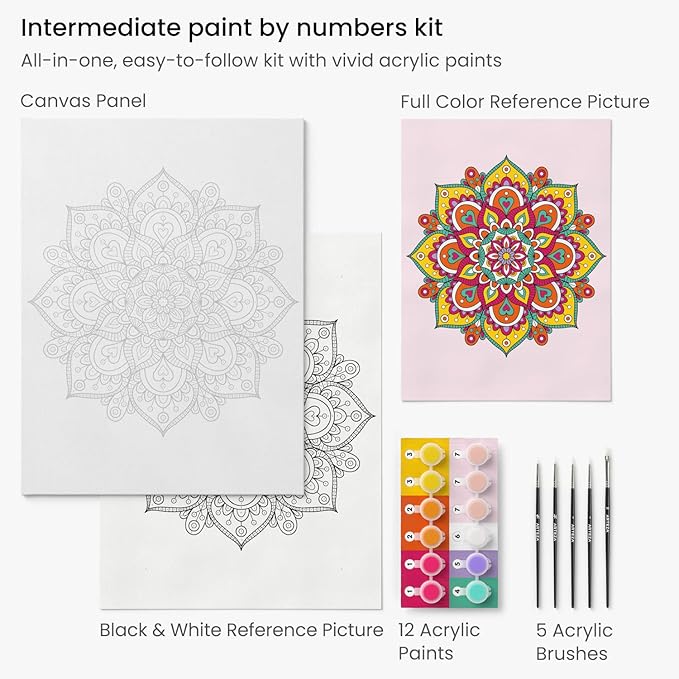 ARTEZA Paint by Number for Adults, 12x16 Inches, 21 Pieces, Mandala Paint by Numbers Kit, Comes with 1 Canvas Panel, 12 Acrylic Paint Pots, 5 Paintbrushes, Art Supplies for Home & Office Wall Decor