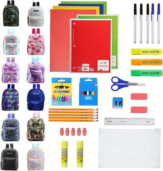 12-Pack 17” Sport Backpacks with 52 Piece School Supplies Kits - Pens, Pencils, Crayons – Bulk Bundle for Elementary, Middle, and High School Students, 12 Assorted Styles
