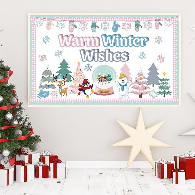 Winter Bulletin Board Set Classroom Decorations Pastel Xmas Tree Snowflake Gloves Paper Cutouts Warm Winter Wishes Bulletin Board Christmas Cutout for School Home Office Wall Door Decor Supplies
