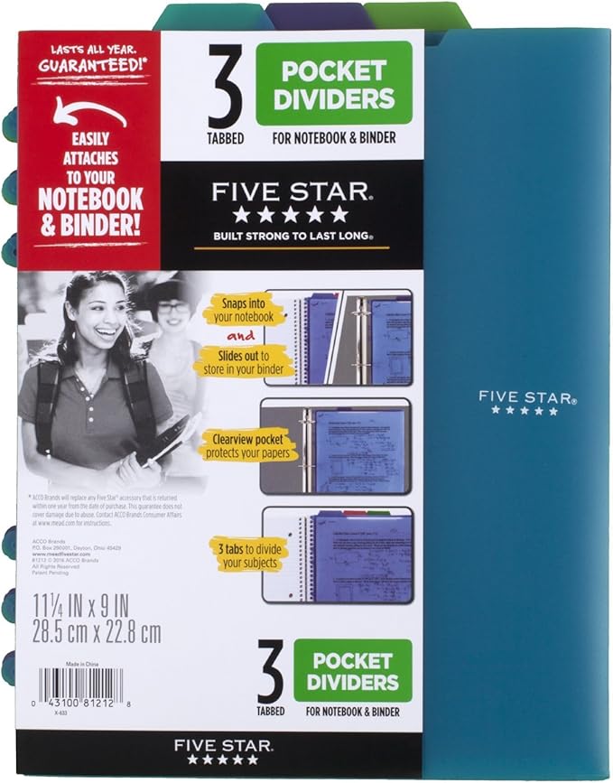 Five Star Pocket Dividers, Tabbed, Fits 3 Ring Binder, Colors Will Vary, 3 Pack (81212)