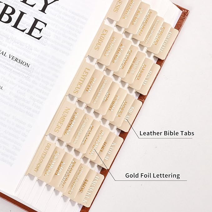 Leather Bible Tabs, Bible Tabs for Women and Men(Gold Foil Lettering) Large Print Stickers, Easy to Read and Apply, 66 Chapters & 14 Blank DIY Labels for Easy Navigation, Christian Accessories(Beige)