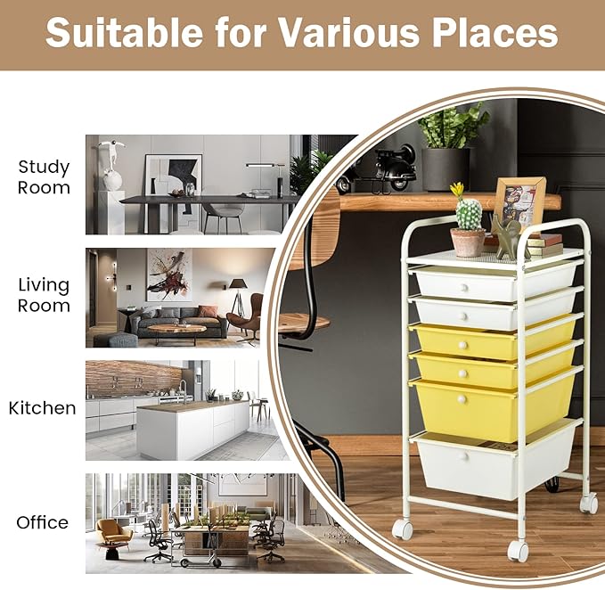 COSTWAY 6-Drawer Rolling Storage Cart, Multifunctional Art Craft Tools Organizer on Wheels, Heavy Duty Utility Mobile Storage Trolley w/ 2 Lockable Wheels for Home Office School (Yellow, Beige & Grey)