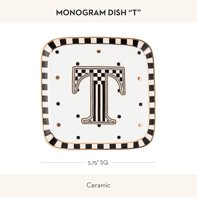 MACKENZIE-CHILDS Monogram Dish, Decorative Ceramic Letter Plate, 5 3/4" Square, T