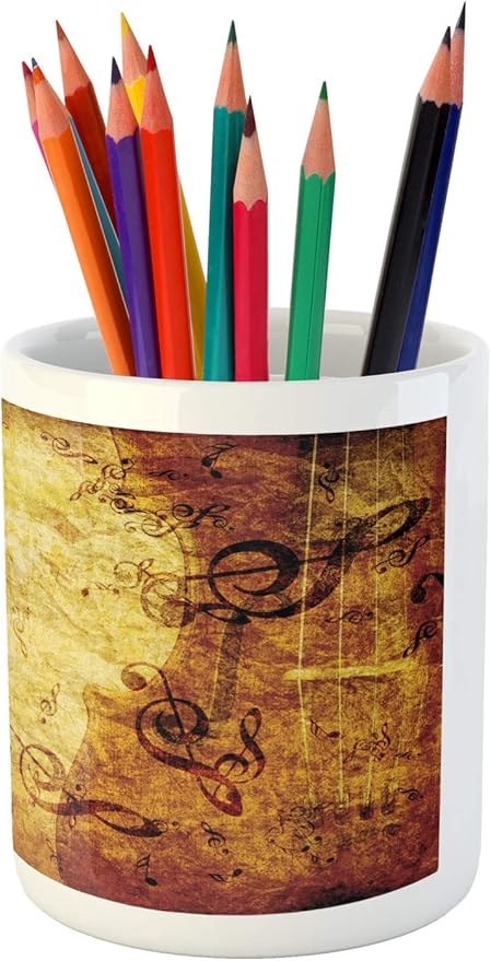 Ambesonne Rose Pencil Pen Holder, Old Fashioned Design with a Big Rose and Treble Clefs Music Notes Harmonical Concept, Printed Ceramic Pencil Pen Holder for Desk Office Accessory, Cream Red