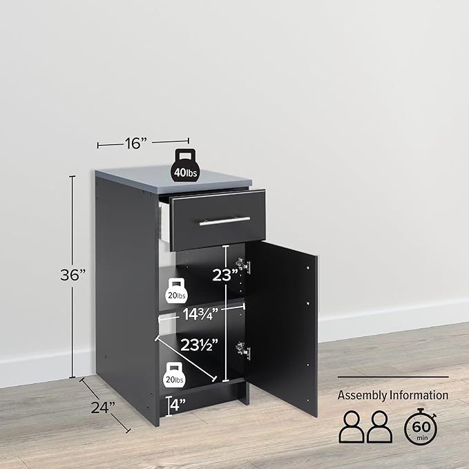 Prepac Elite 16” Wide Storage Cabinet, Base Cabinet with 1 Drawer and 1 Adjustable Shelf Ideal for Garage, Cabinet, Kitchen, Home Office, 16”W x 36”H x 24”D, Black