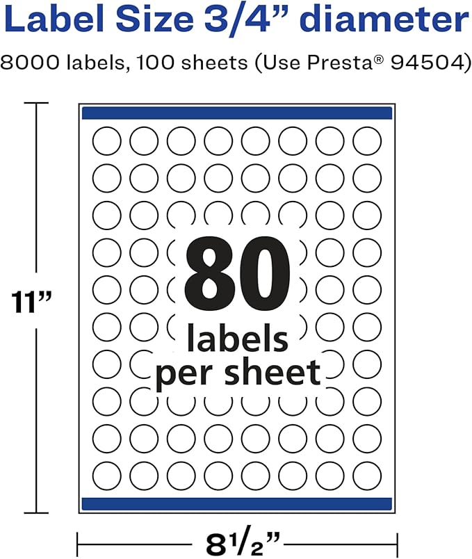 Avery Glossy White Round Labels, Sure Feed Technology, 3/4" Diameter, 8,000 Glossy White Labels, Print-to-The-Edge, Permanent Adhesive, Laser/Inkjet Printable