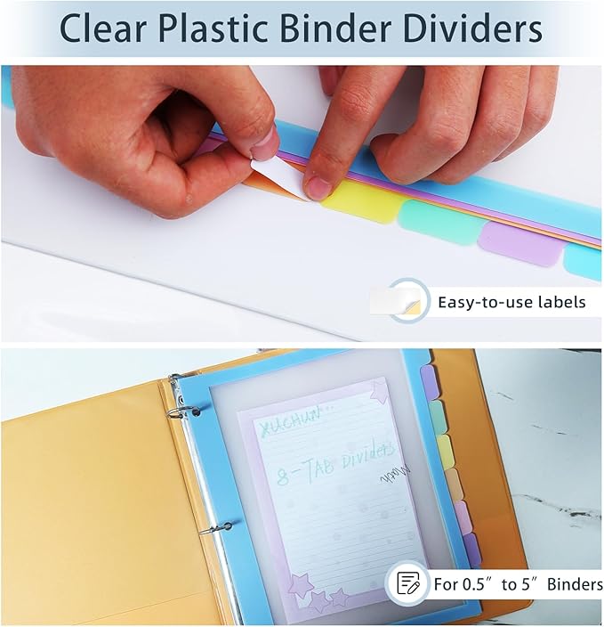48Pcs/6 Set 8 Tab Dividers, Clear Plastic Binder Dividers with Tabs, for 3 Ring Binder, Letter Size, Multicolor