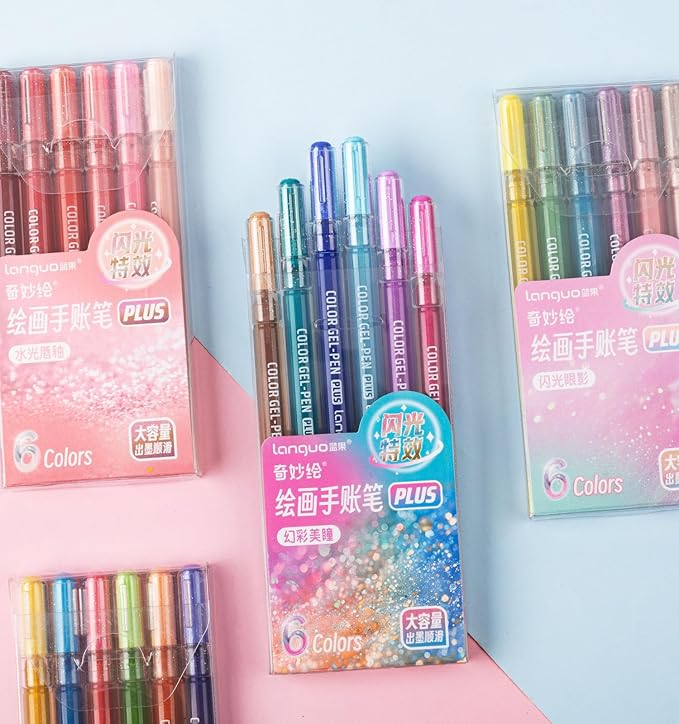 Glitter Gel Pens, 6 Pack Glitter Pens For Adults Coloring Books, 1.0mm Point Colored Pens, Large Capacity Ink Pens for Coloring, Writing, Drawing, Journaling, Note Taking, Office, Home