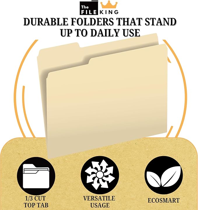 The File King 1/3 Cut File Folders Letter Size - 200 Bulk Pack | Manilla Folders 8.5 x 11 | Assorted 3 Tabs | Heavy Duty 11-Point Fiber | Made in USA | Undercut Front for Easy Labeling & Organization