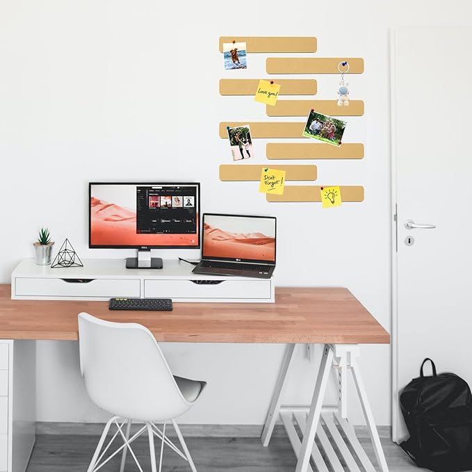 8Pcs Rectangle Felt Cork Board Bar Strips with 35 Pushpins, Self-Adhesive Bulletin Board Strips for Office School Home Wall Decor Stickers Memos Schedules Photos Display -Deep Camel