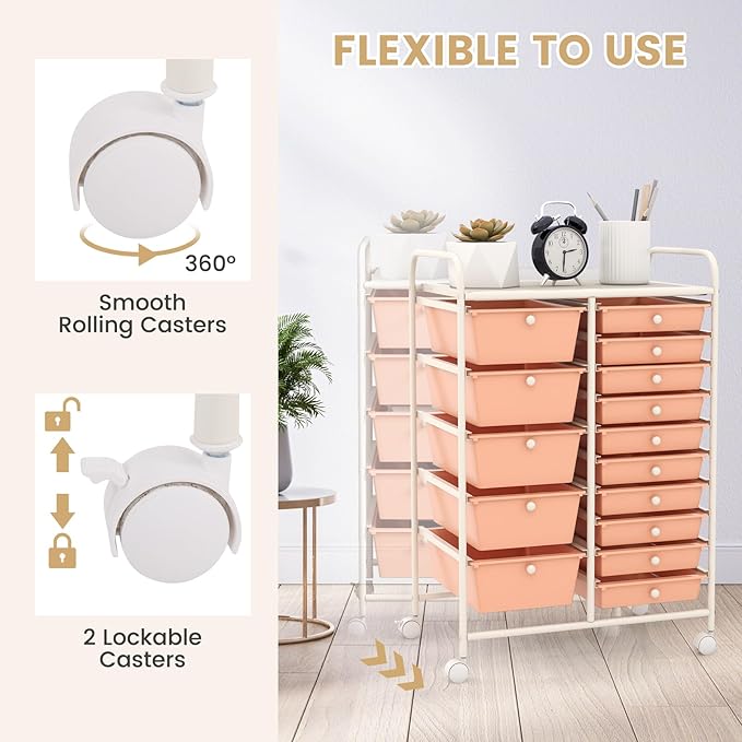 COSTWAY 15 Drawer Rolling Storage Cart, Mobile Utility Cart with Lockable Wheels, Drawers, Multipurpose Organizer Cart for Home, Office, School, Peach