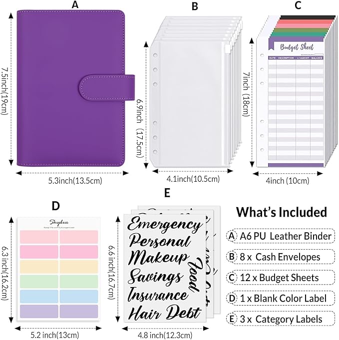 SKYDUE Budget Binder, Money Saving Binder with Zipper Envelopes, Cash Envelopes and Expense Budget Sheets for Budgeting (Violet)