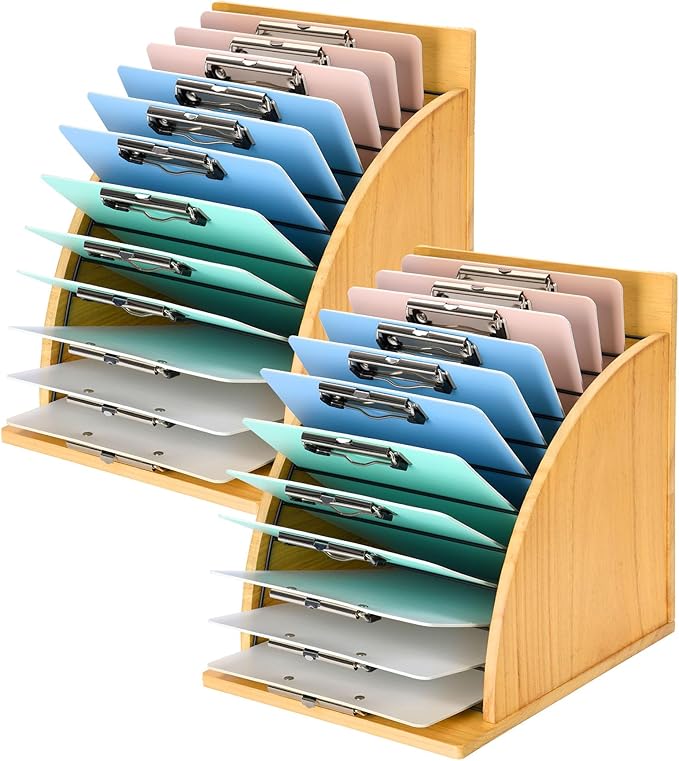 HULISEN 2 Pack Clipboard Holder for Classroom & Office, Wooden Clipboard Storage Organizer with Raised Side Panel & Metal Slots, Wood Clip Board Stand Rack – Clip Board Not Included