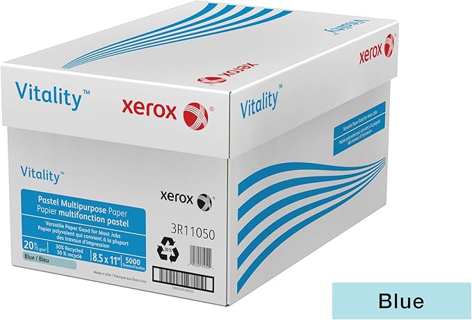 Xerox® Vitality™ Pastel Color Multi-Use Printer & Copy Paper, 10 Reams, Blue, Letter (8.5" x 11"), 5000 Sheets Per Case, 20 Lb, FSC® Certified, 30% Recycled
