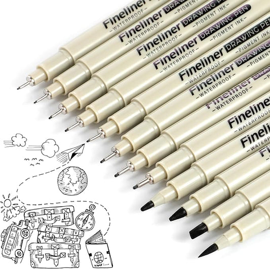 12 Pcs Fineliner Drawing Art Pens Black Waterproof Pigment Ink Set Outlining Archival Quality Markers Thin No Bleed Smooth Supplies for Artists Calligraphy Manga Journaling Illustration