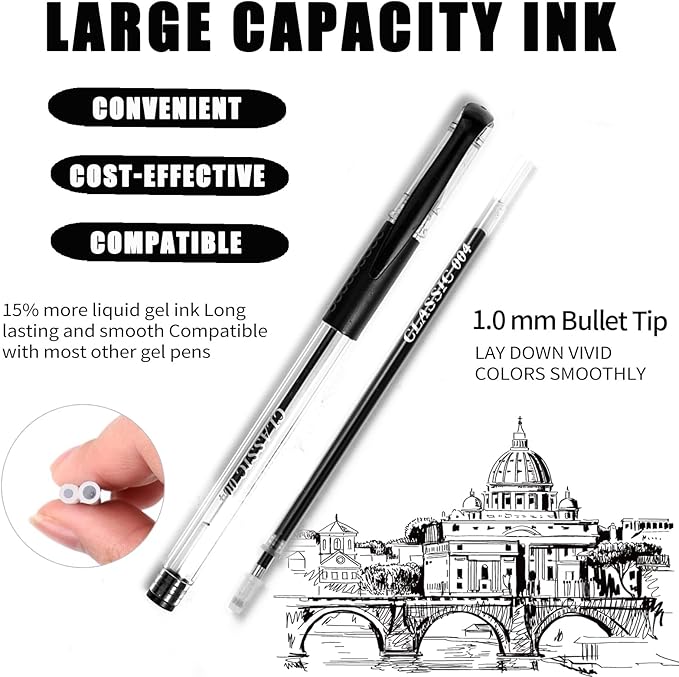 24 Pack Black Grey Gel Pens, 12 Colored Gel Pen with 12 Refills,40% More Ink Write Smooth for Adults Coloring Books Drawing Doodling Scrapbooks Bullet Journaling