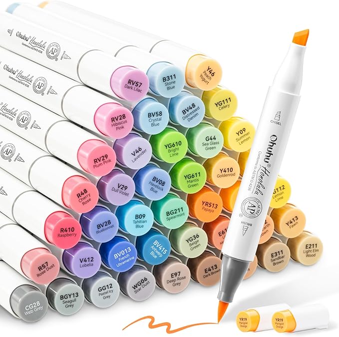Ohuhu Alcohol Brush Markers 48 Mid-tone Colors - AP Certificated Double Tipped Alcohol Based Art Marker Set for Artist Adults Coloring Illustration - Honolulu Brush & Chisel Dual Tips - Refillable