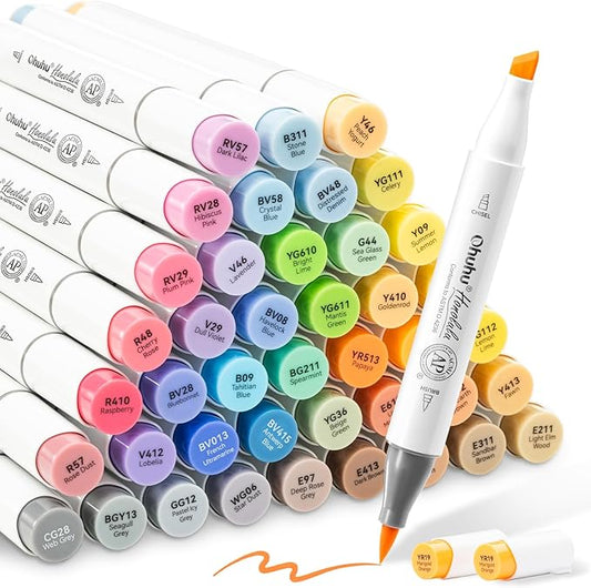 Ohuhu Alcohol Brush Markers 48 Mid-tone Colors - AP Certificated Double Tipped Alcohol Based Art Marker Set for Artist Adults Coloring Illustration - Honolulu Brush & Chisel Dual Tips - Refillable