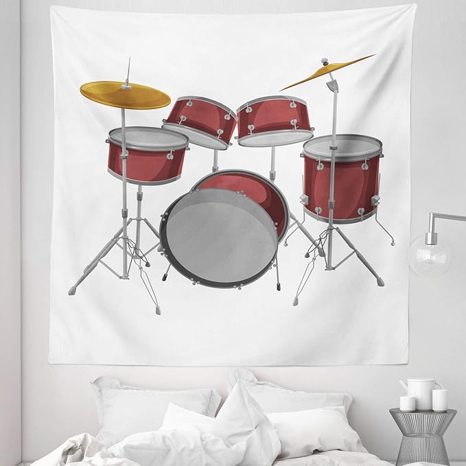Ambesonne Drums Tapestry Queen Size, Picture of a Drum Kit Percussion Instrument Standing on a Plain Background, Wall Hanging Bedspread Bed Cover Wall Decor, 88" X 88", Pale Maroon and White