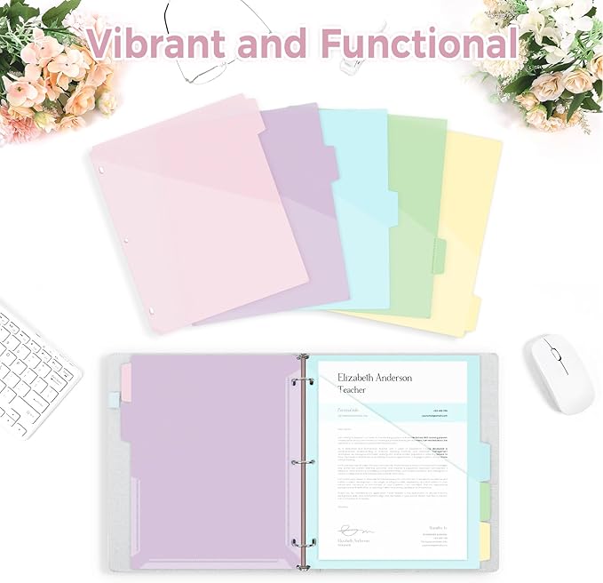 SKYDUE Binder Dividers with Tabs and Pockets – 5-Pack for 3-Ring Binders, Writable Tabs, Durable & Tear-Resistant, Pink