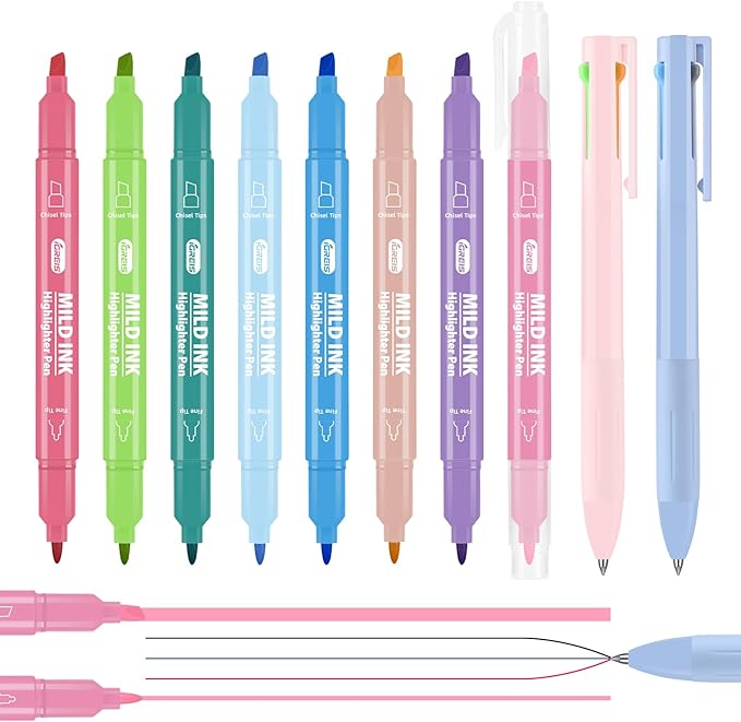 Dual Tip Aesthetic Highlighters 8 Colors and 2 Pcs 3 in 1 Multicolor Gel Pens 6 Colors Ink, Chisel & Fine Tips, No Bleed, Cute Bible Highlighters Assorted Colors for Journaling Textbook