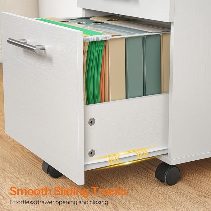 HOOBRO 3-Drawer File Cabinet, Wooden Under Desk Filing Cabinet, fits A4/Letter Size for Home Office, Small Rolling Storage Drawer Chest, Printer Stand with Drawers, White WW02WJ01G1