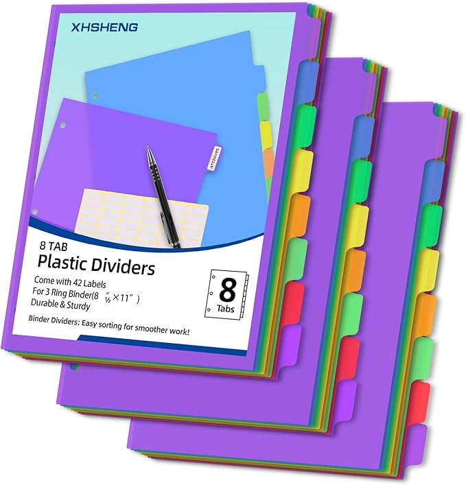 24PCS/3 Set 3-Ring Binder Dividers with Tabs,8 Tab Plastic File Dividers,Binder Separators with tabs for Office/School Supplies