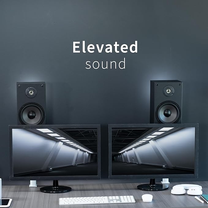 VIVO Clamp-on Speaker Stand Desk Mount Set, 10 x 9 inch Trays, Height Adjustment and Tilt, Universal Audio Holders for Computer and Bookshelf Speakers, Elevated Sound, 2 Pack, White, MOUNT-SP01CW