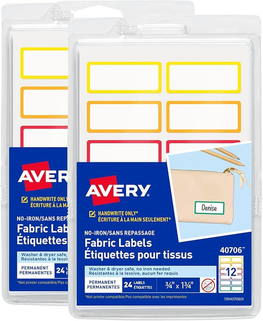 Avery No-Iron Fabric Name Labels, Rainbow Borders Preprinted Designs, Handwrite-Only, 2-Pack, 48 Preprinted Labels (22281)