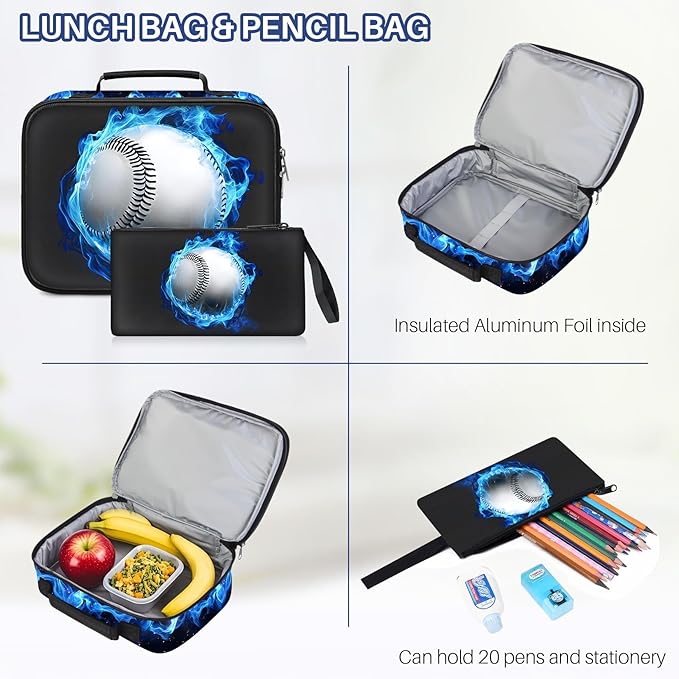 School Backpacks for Boys - 4pcs Baseball Boys Backpacks with Lunch Box Set for Kids Teens Elementary Middle School, 17″ Large Capacity Students Bookbag, Perfect for Travel