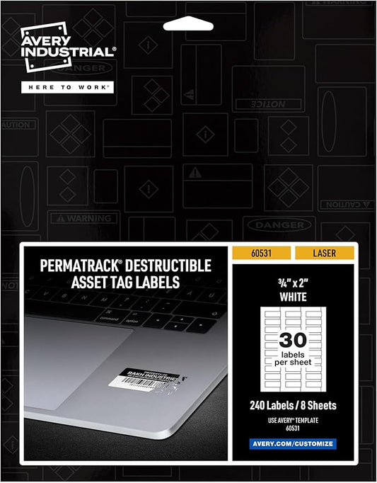 Avery White Asset Tag Labels, 3/4" x 2", Destructible Laser Printable Tags, 240 Waterproof Labels (60531)