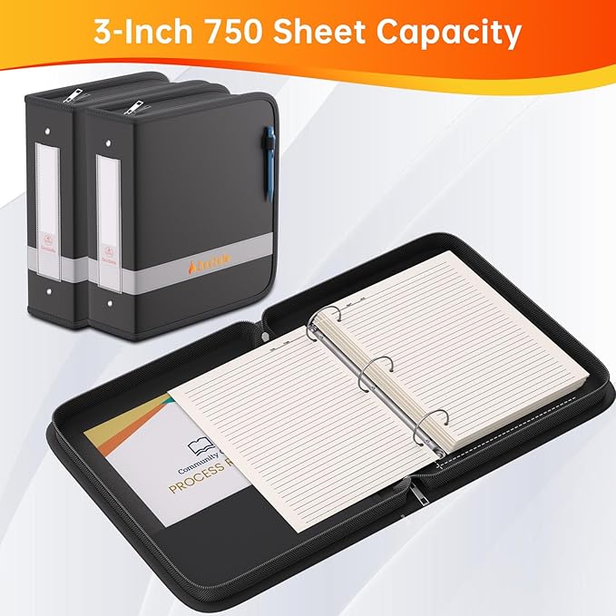 DocSafe 3 Ring Binder with Zipper,Fireproof 3 Inch Round Ring Binder with 2 Interior Pockets,PVC-Free,Portable School Office Home Safe Storage for Letter Size 8.5'' x 11'' Paper Photos Cards Black