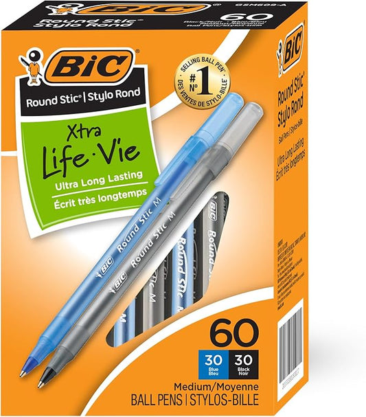 BIC Round Stic Xtra Life Pens, Medium Point 1.0 mm, 30 Black & 30 Blue Ink Pens, Pack of 60