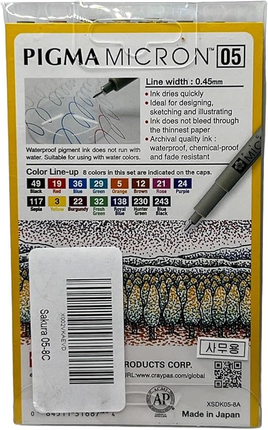 Sakura Pigma Micron pens 05 line Drawing 8 Color Set, Archival ink fineliner manga pen, Bible journaling Study kit