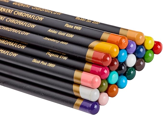 Derwent Chromaflow Colored Pencils Tin, Set of 24, Great for Holiday Gifts, 4mm Wide Core, Multicolor, Smooth Texture, Art Supplies for Drawing, Blending, Sketching, Professional Quality (2305857)