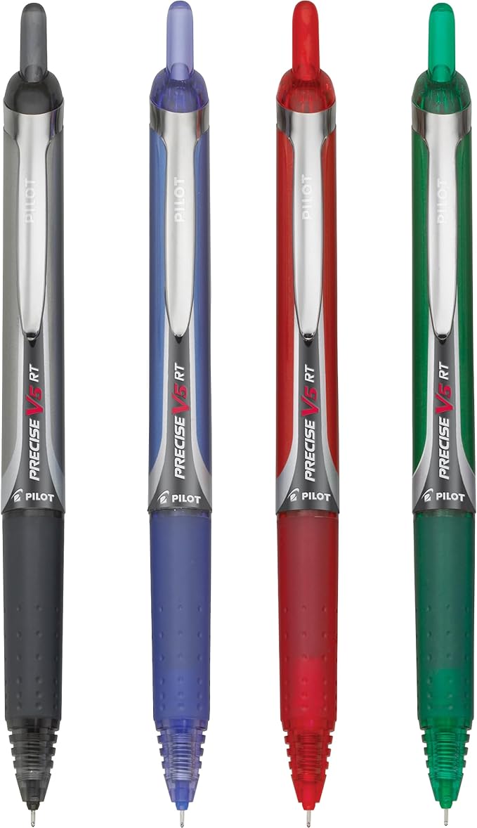 PILOT Precise V5 RT Refillable & Retractable Rolling Ball Pens,Extra Fine Point Pens,0.5 mm,Black/Blue/Red/Green,- Ideal for School,Journaling & Office Writing,4 Count (Pack of 2)