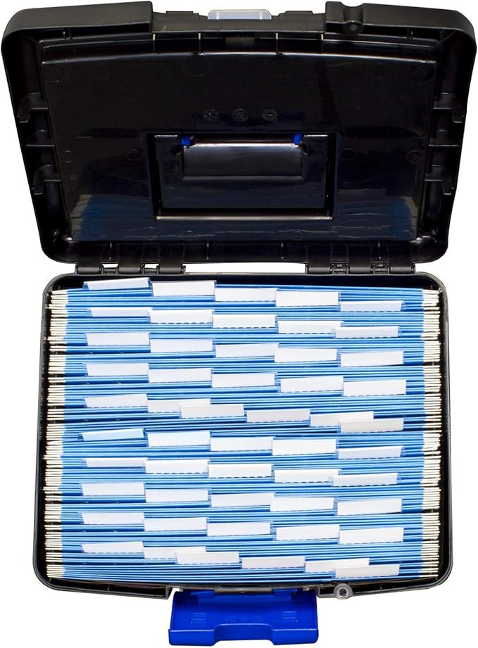 Storex Portable File Box, with Lockable XL Supply Storage Lid and Carry Handle, Black/Blue, 10.9 x 11 x 13.25 Inches, 2-Pack (61415B02C)