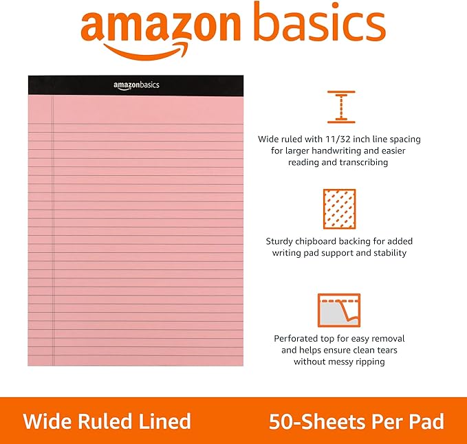 Amazon Basics Wide Ruled 8.5 x 11.75-Inch 50 Sheet Perforated Lined Writing Note Pads, Pack of 72, 300 Count, Multicolor