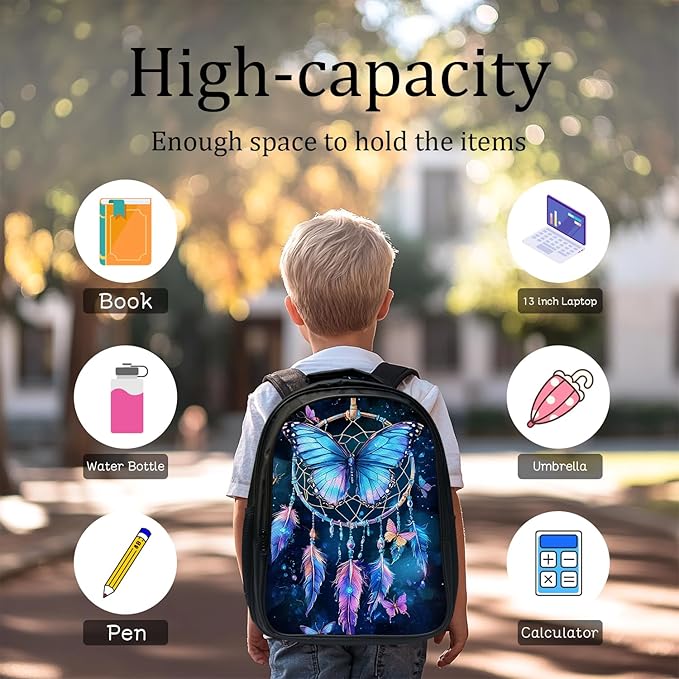 Butterfly Backpack Set 3 Piece School Bags and Lunch Box with Pencil Case Blue Butterfly Dream Catcher Bookbag Set for Toddler Kids Girls Boys Teens Kindergarten Elementary Middle