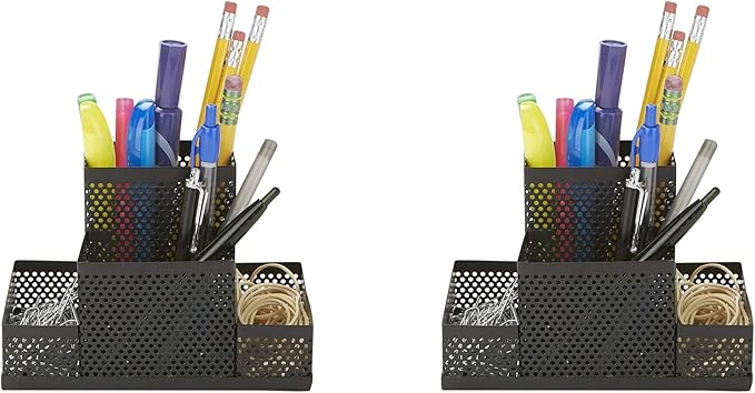 Mind Reader Desk Organizer [4-Compartment, 2-Piece Same Set] - Supplies and Accessories Storage Organizer for Office Desk with Pencil and Pen Cup and Paper Clip Holder (Black)