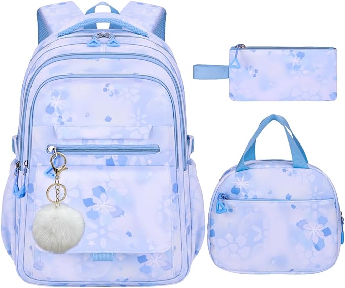 3Pcs Set Backpacks for Girls Teen, Cute Flowers School Bag Girls Bookbags with Lunch Box Pencil Bag, Multi-Pockets Kids Backpack for Elementary & Middle School, Light Blue