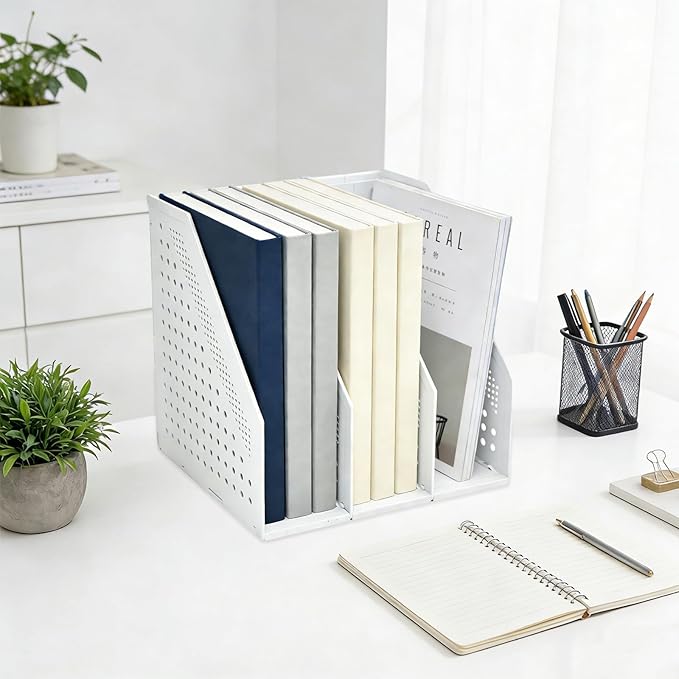 SAYEEC 1Pcs Collapsible Plastic Magazine File Holder Vertical Binder Storage Organizer for Desk Sturdy Upright Desktop Magazine Organizer Folder Rack for Office School Home (3 Compartments, Gray)