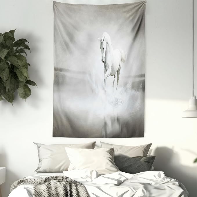 Ambesonne Horses Tapestry, Wild Horse Running Through Water Dramatic for the Motivation of Life Art, Wall Hanging for Bedroom Living Room Dorm Decor, 60" X 80", Black and White