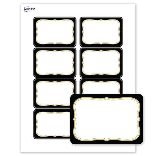 Avery Printable Adhesive Name Badges, 2-1/3" x 3-3/8", Pre-Printed Black Border with Metallic Gold Flourish Design, Matte White, Laser & Inkjet Compatible, 80 Total