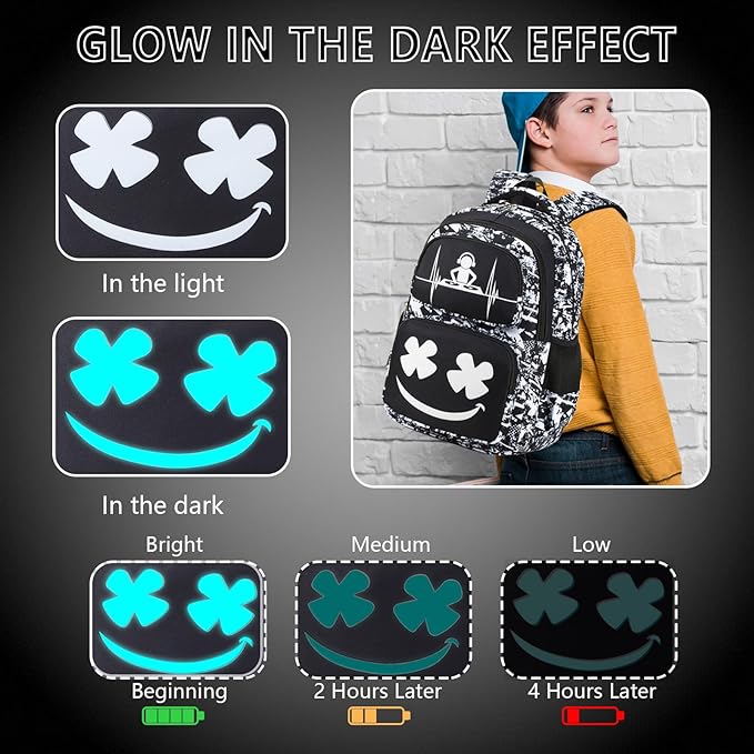 Boys Backpack with Lunch Box Glow in Dark Kids Ages 4-12 Kindergarten Elementary Middle School Teens Bookbag Mochilas Para Niños, Luminous Face Black White