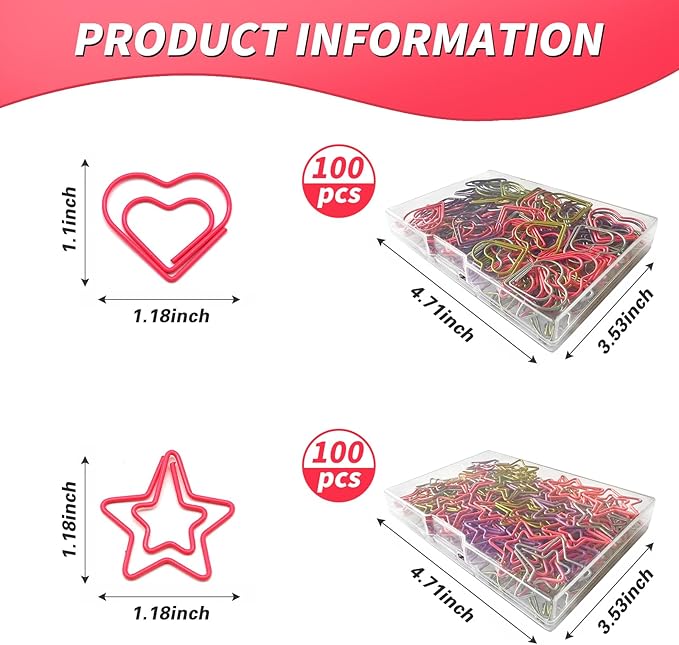 Hesena 200 Pcs Cute Paper Clips Set, 100 Pcs Heart & 100 Pcs Star Shaped Shape Paper Clipss, for Office and Home (Heart Shape+Star Shape)
