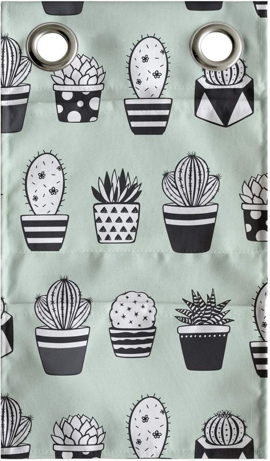 Ambesonne Cactus Hanging Pocket Organizer, Mini Cacti in Pots with Geometric Designs Polka Dots Stripes, Printed Polyester Storage Bag with Pockets, 9" x 16", Mint Green Charcoal Grey