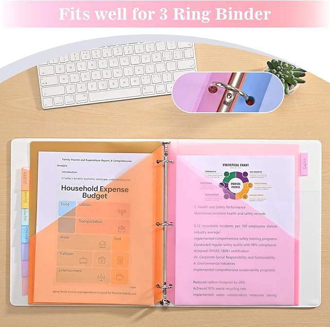8-Tab Dividers for 3 Ring Binder, 48 Count Binder Dividers with Pockets, Subject Dividers, 3-Hole Plastics Sheets Protectors for US Letter Size in 0.5", 1",2" Binders, Vibrant 8 Color, 6 Packs